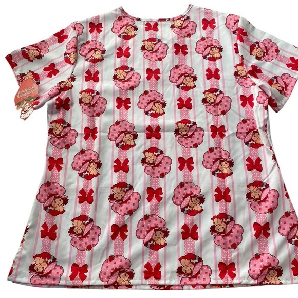 Strawberry Shortcake Scrub Top XL Pink Bows Nurse Uniform V-Neck NWT - Picture 3 of 5